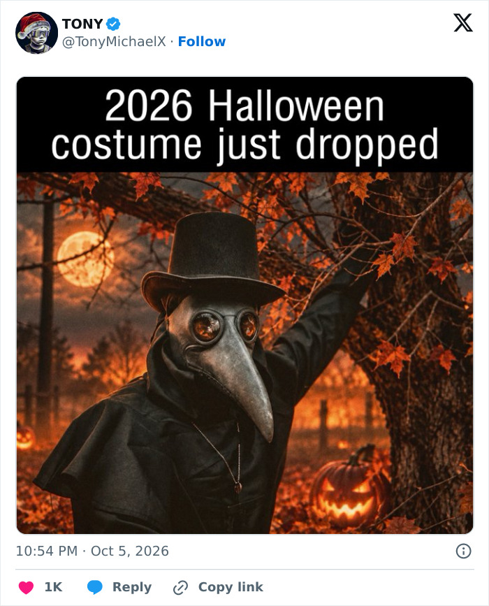 A social media post showing a plague doctor costume under the headline of 2026 Halloween costume