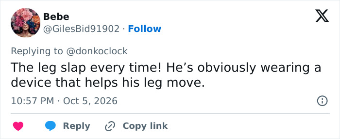 A social media post questioning Trump's path to Air Force One gait with allegations of a leg device. A social media post questioning Trump's path to Air Force One gait with allegations of a leg device.