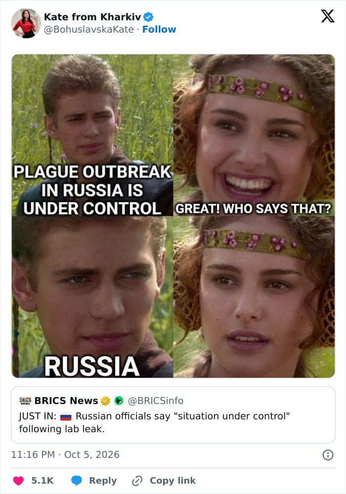 A Star Wars Anakin and Padme meme referencing Russian plague headlines and a lab leak