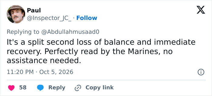 A social media comment analyzing Second Lady Usha Vance's momentary loss of balance and the Marines' reaction. A social media comment analyzing Second Lady Usha Vance's momentary loss of balance and the Marines' reaction.