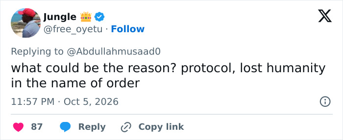A social media user asking about the protocol that stopped people from helping Second Lady Usha Vance. A social media user asking about the protocol that stopped people from helping Second Lady Usha Vance.