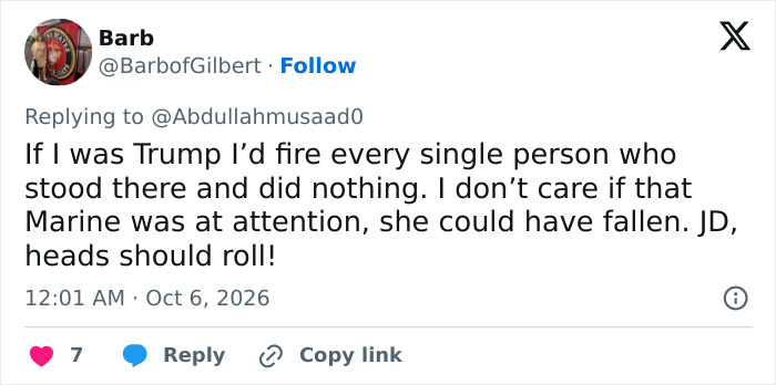 A tweet on social media expressing anger regarding an incident involving Second Lady Usha Vance and a Marine A tweet on social media expressing anger regarding an incident involving Second Lady Usha Vance and a Marine