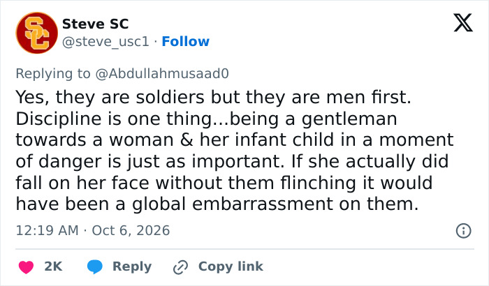 A social media comment about Second Lady Usha Vance saying soldiers are men first and should help a woman. A social media comment about Second Lady Usha Vance saying soldiers are men first and should help a woman.
