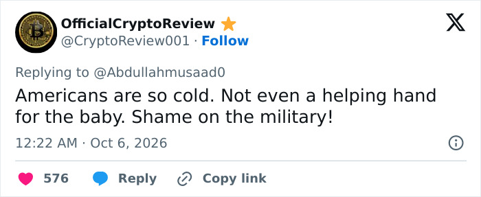 Social media comment criticizing the lack of assistance for Usha Vance and her baby. Social media comment criticizing the lack of assistance for Usha Vance and her baby.