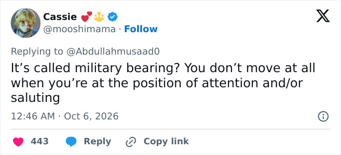 Social media post explaining military bearing during the Usha Vance incident. Social media post explaining military bearing during the Usha Vance incident.
