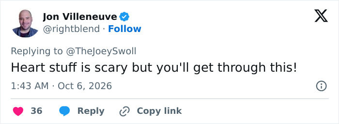 Tweet supporting Joey Swoll during scary heart stuff Tweet supporting Joey Swoll during scary heart stuff