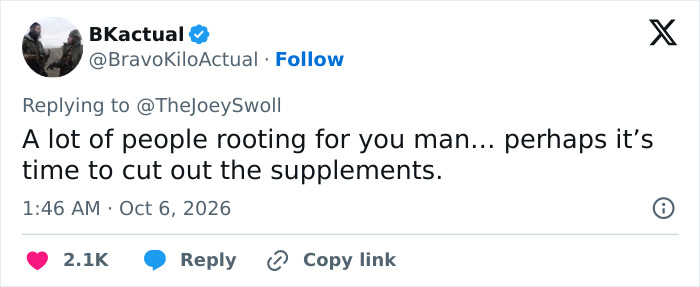 X post suggesting Joey Swoll cut out supplements after being hospitalized X post suggesting Joey Swoll cut out supplements after being hospitalized