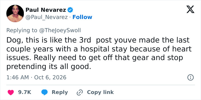 A tweet pointing out Joey Swoll's multiple hospital stays and discussing his health. A tweet pointing out Joey Swoll's multiple hospital stays and discussing his health.