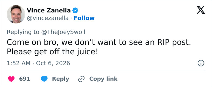 Tweet expressing concern for Joey Swoll urging him to get off the juice to avoid an RIP post Tweet expressing concern for Joey Swoll urging him to get off the juice to avoid an RIP post