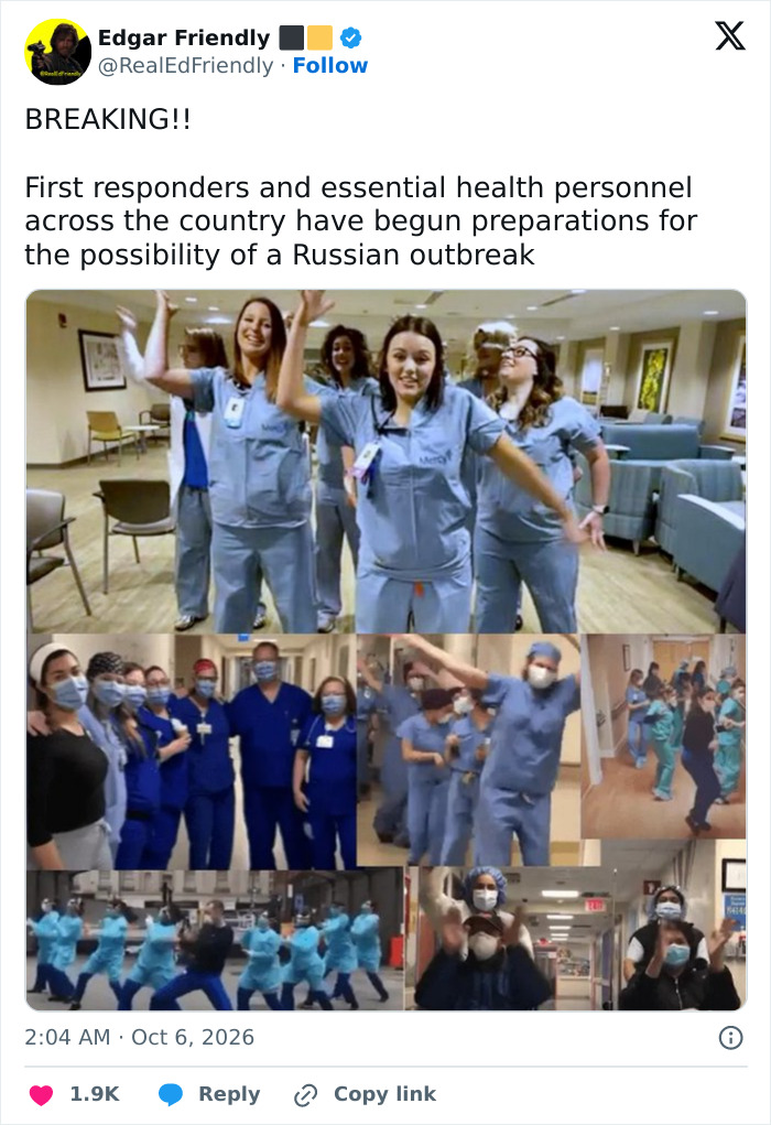 A collage of health workers dancing to joke about preparations for a Russian outbreak