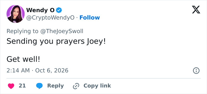 A Tweet from Wendy O sending prayers to Joey Swoll and wishing him well. A Tweet from Wendy O sending prayers to Joey Swoll and wishing him well.