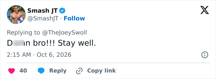 Tweet wishing Joey Swoll to stay well Tweet wishing Joey Swoll to stay well