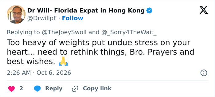Social media comment highlighting concern for Joey Swoll regarding heavy weightlifting. Social media comment highlighting concern for Joey Swoll regarding heavy weightlifting.