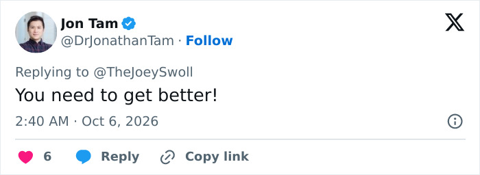 A Tweet by Jon Tam expressing concern for Joey Swoll and telling him to get better. A Tweet by Jon Tam expressing concern for Joey Swoll and telling him to get better.