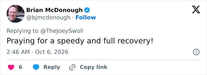 A Tweet from Brian McDonough praying for a speedy recovery for Joey Swoll. A Tweet from Brian McDonough praying for a speedy recovery for Joey Swoll.