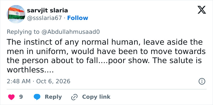 A tweet criticizing the lack of human instinct to help Second Lady Usha Vance from falling. A tweet criticizing the lack of human instinct to help Second Lady Usha Vance from falling.