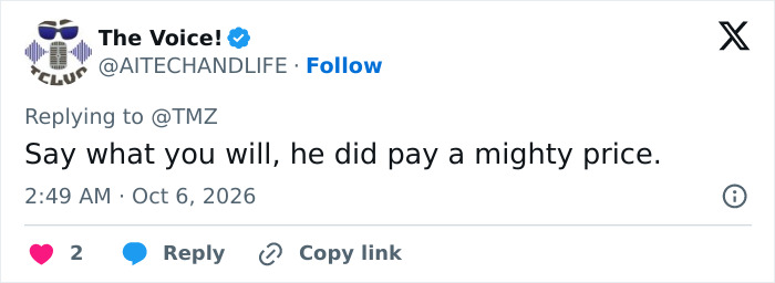 A social media post reflecting on the high price a televangelist paid after a life marked by scandals. A social media post reflecting on the high price a televangelist paid after a life marked by scandals.