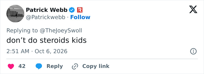 Tweet advising kids not to do steroids in response to Joey Swoll Tweet advising kids not to do steroids in response to Joey Swoll