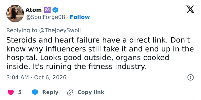 A Tweet from Atom discussing the link between steroids and heart failure in relation to Joey Swoll. A Tweet from Atom discussing the link between steroids and heart failure in relation to Joey Swoll.