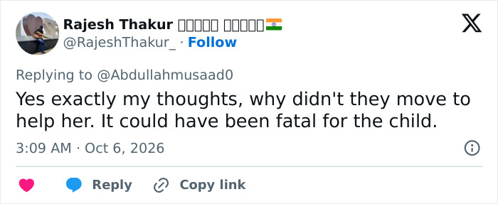 A social media user criticizing onlookers for not helping Second Lady Usha Vance during her moment. A social media user criticizing onlookers for not helping Second Lady Usha Vance during her moment.