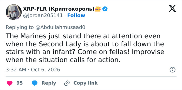 Social media post criticizing a lack of reaction when the Second Lady falls. Social media post criticizing a lack of reaction when the Second Lady falls.