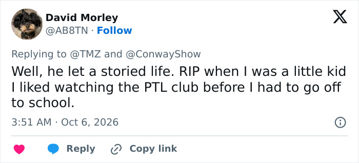A post recalling memories of a televangelist who passes away A post recalling memories of a televangelist who passes away