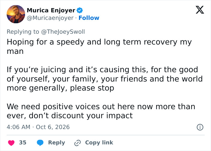 Social media comment showing concern for Joey Swoll wishing him a speedy recovery. Social media comment showing concern for Joey Swoll wishing him a speedy recovery.