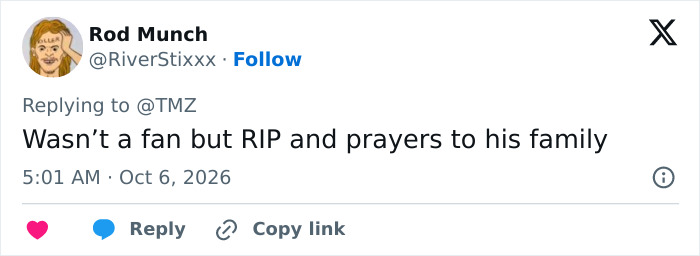 A social media user sending prayers to the family of the late televangelist after his passing. A social media user sending prayers to the family of the late televangelist after his passing.