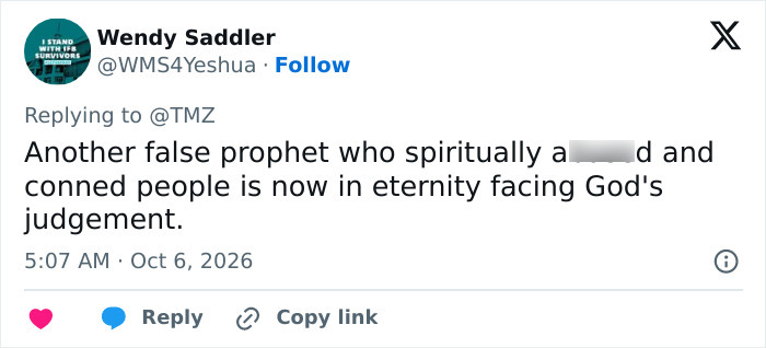 Comment calling the deceased televangelist a false prophet on social media Comment calling the deceased televangelist a false prophet on social media