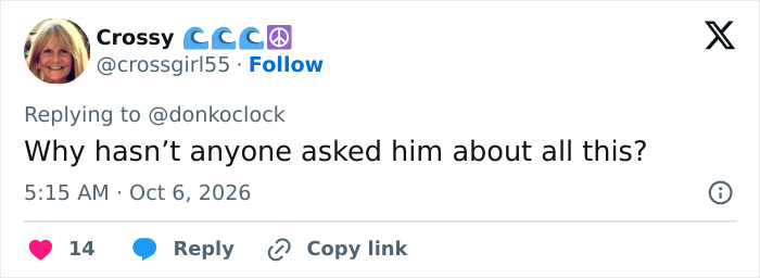 A social media post by Crossy commenting on Trump's Path To Air Force One walk. A social media post by Crossy commenting on Trump's Path To Air Force One walk.