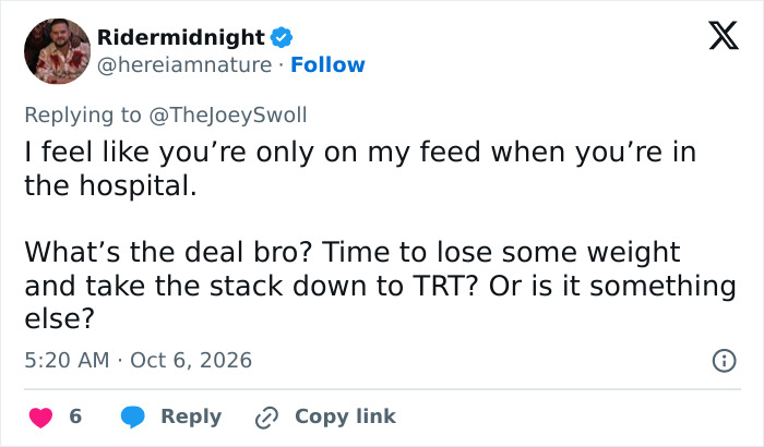 A social media comment voicing health concern for Joey Swoll and questioning his TRT stack usage. A social media comment voicing health concern for Joey Swoll and questioning his TRT stack usage.