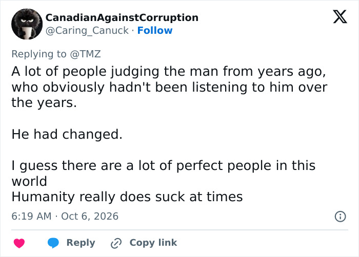 A social media comment defending a late televangelist, noting he had changed over the years despite past scandals. A social media comment defending a late televangelist, noting he had changed over the years despite past scandals.