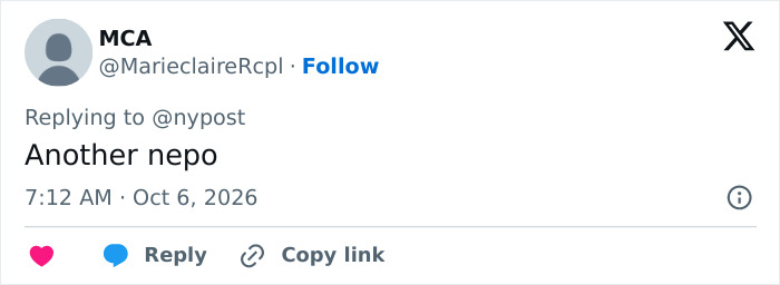 An X post calling out another nepo baby amidst the discussion around Heidi Klum’s 16-year-old daughter. An X post calling out another nepo baby amidst the discussion around Heidi Klum’s 16-year-old daughter.