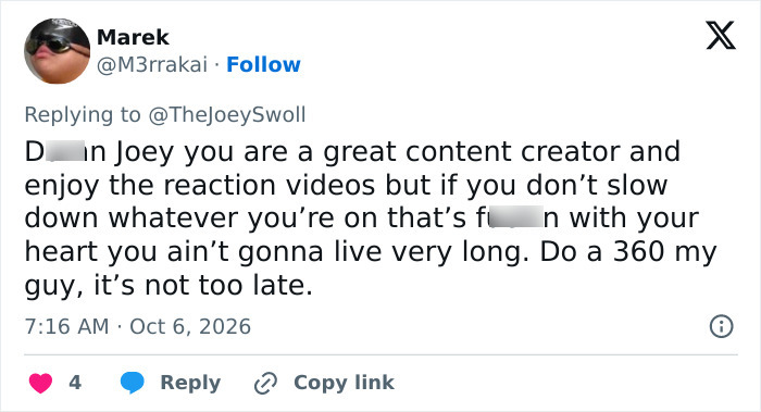 A social media comment voicing concern for Joey Swoll and urging him to make a change. A social media comment voicing concern for Joey Swoll and urging him to make a change.