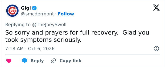 A message of concern for Joey Swoll wishing him a full recovery after taking symptoms seriously. A message of concern for Joey Swoll wishing him a full recovery after taking symptoms seriously.
