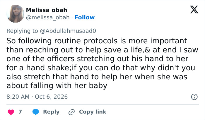 A comment on social media criticizing officers for not helping Second Lady Usha Vance when she almost fell. A comment on social media criticizing officers for not helping Second Lady Usha Vance when she almost fell.