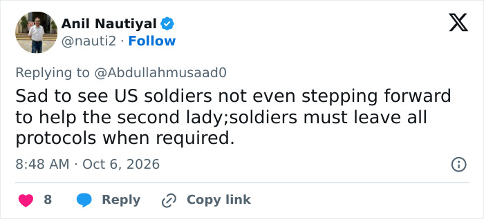 A tweet criticizing US soldiers for not helping Second Lady Usha Vance when she needed assistance. A tweet criticizing US soldiers for not helping Second Lady Usha Vance when she needed assistance.