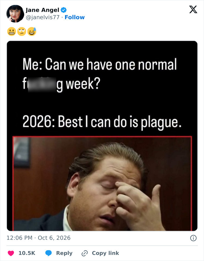 Social media post with Jonah Hill looking stressed, with text about 2026 and Russian plague.