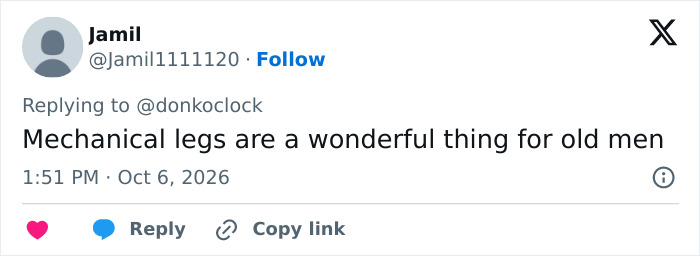 A social media tweet by Jamil about Donald Trump's physical walk and mobility. A social media tweet by Jamil about Donald Trump's physical walk and mobility.
