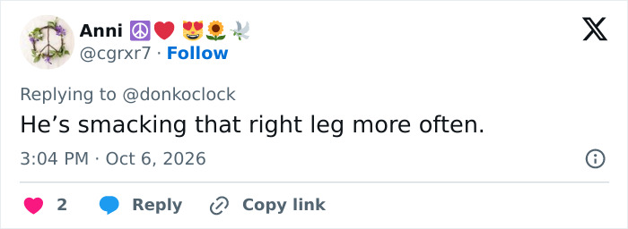 A social media post about Trump's path to Air Force One, noting him smacking his right leg. A social media post about Trump's path to Air Force One, noting him smacking his right leg.