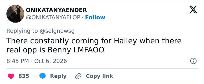 A fan on social media comparing Benny Blanco to Hailey in Selena Gomez drama A fan on social media comparing Benny Blanco to Hailey in Selena Gomez drama