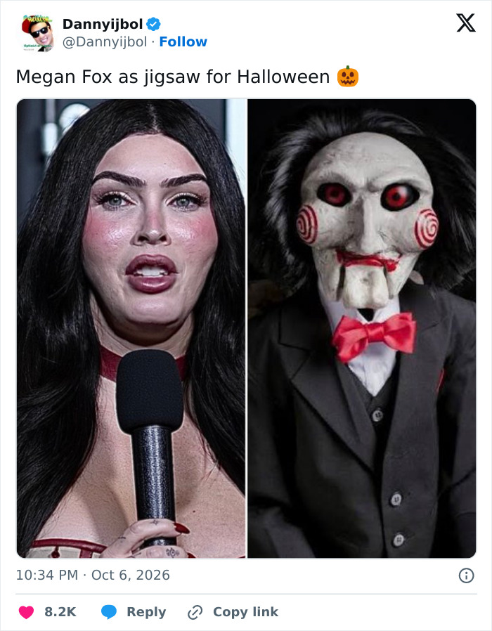 A side-by-side comparison of Megan Fox and a Jigsaw puppet A side-by-side comparison of Megan Fox and a Jigsaw puppet