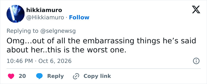 Tweet reacting to Benny Blanco, calling it the worst comment about his relationship with Selena Gomez Tweet reacting to Benny Blanco, calling it the worst comment about his relationship with Selena Gomez