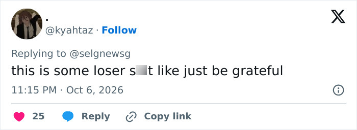Tweet calling Benny Blanco's comment about Selena Gomez loser behavior, urging him to be grateful Tweet calling Benny Blanco's comment about Selena Gomez loser behavior, urging him to be grateful