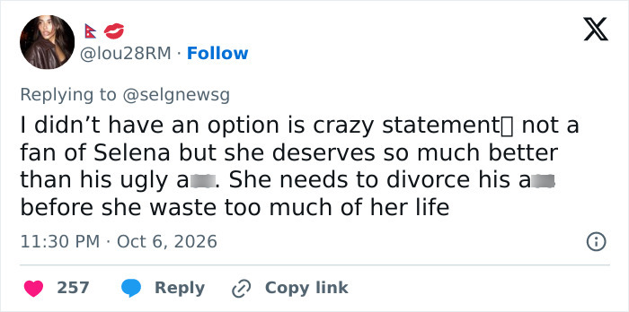 Tweet from a fan telling Selena Gomez to dump Benny Blanco, calling his recent statement crazy Tweet from a fan telling Selena Gomez to dump Benny Blanco, calling his recent statement crazy
