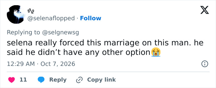 A social media post on Selena Gomez and Benny Blanco's relationship, reacting to his marriage comment A social media post on Selena Gomez and Benny Blanco's relationship, reacting to his marriage comment