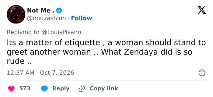 Tweet accusing Zendaya of rude behavior and poor etiquette during Paris Fashion Week Tweet accusing Zendaya of rude behavior and poor etiquette during Paris Fashion Week