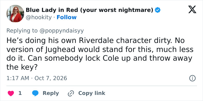 A social media comment discussing his Riverdale character and Cole Sprouse allegations