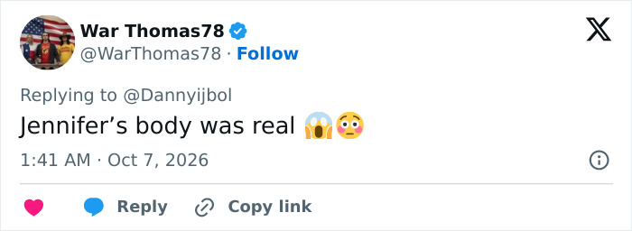 Social media post referencing Megan Fox in Jennifers Body and her past appearance. Social media post referencing Megan Fox in Jennifers Body and her past appearance.