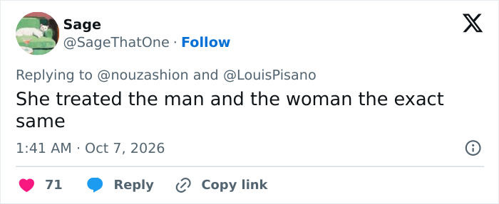 A user comment on X discussing Zendaya treating individuals equally at Paris Fashion Week. A user comment on X discussing Zendaya treating individuals equally at Paris Fashion Week.